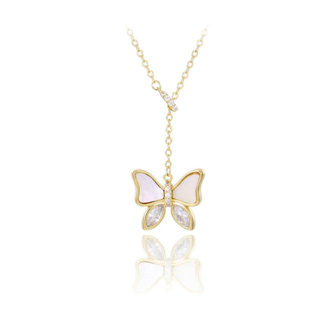 Butterfly Y Necklace | Mother of Pearl & CZ Stone 14k Gold Plated